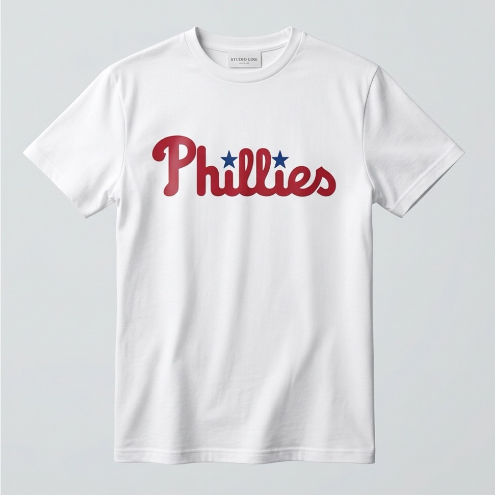 Custom White T-Shirt with Red Phillies Script and Blue Stars